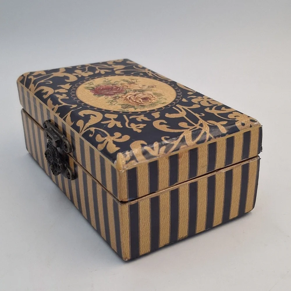 Vintage Small Wooden Jewelry Box Floral Rose Print Gold Foil Decoupage Latch